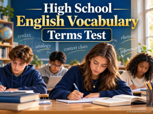 High school students completing Rudolph Academy English Vocabulary Tests covering vocabulary, grammar, literary terms, and academic English concepts with student progress and score tracking.