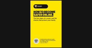 Yellow cover of the book How to Become Safer Online, subtitled The five signs of a scam, and the checks that protect your family, with the UtilForge.org elephant logo at the top and the 2026 Cybersecurity Awareness Month Champion badge at the bottom, mark
