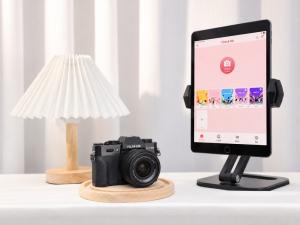 Fujifilm X-T30-series mirrorless camera with the ChackTok photo booth app on an iPad