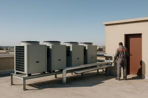 A bank of four commercial air-source heat pumps on a building roof in Boksburg, piped to the plant room below