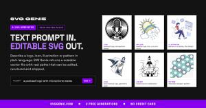 SVG Genie AI SVG Generator: text prompt in, editable SVG out, with six AI-generated vector logos, icons, illustrations and patterns