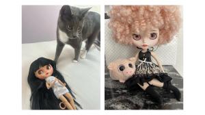 Two customer photos of This Is Blythe custom Blythe dolls, one with black hair and one with pink curly hair