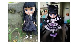 Two customer photos of black-haired This Is Blythe custom dolls, one outdoors and one indoors
