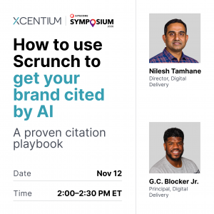 Speaker card featuring portraits of Nilesh Tamhane and G.C. Blocker Jr., with details of their Scrunch session on Nov. 12 from 2 to 2:30 p.m. EST.