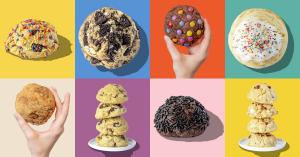 Eight Hunky Chunky six-ounce cookies on colorful backgrounds, shown stacked, held in hand, from above and from the side.