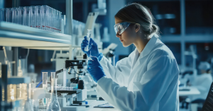 Scientist checks vial in the lab