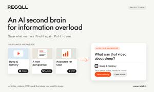 Recall product illustration showing saved articles, videos and PDFs being retrieved with the question, “What was that video about sleep?”