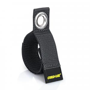 The Cord-Lox® HangMaster™ ProSeries is a heavy-duty hook & loop cable hanging and storage strap with a metal grommet and yellow logo tag—ideal for securing XLR cables or organizing air hoses.