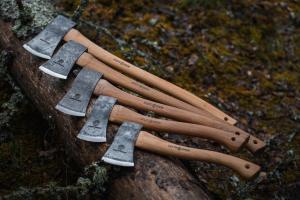 Image of five hand-forged Swedish axes and hatchets for camping, bushcraft and forest work