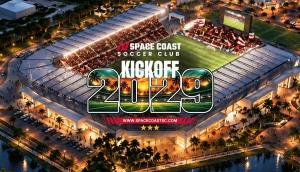 Space Coast Soccer Club Kickoff 2029 graphic over an aerial stadium rendering