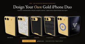 Five custom 24K gold iPhone Duo designs by GoldPrivé with gold, mother-of-pearl, carbon fibre, crocodile leather and evil eye emblem back plates