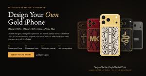 Five custom gold iPhone 18 Pro designs by GoldPrivé with ivory snake leather, red snake leather with MK initials, serpent emblem, cross and carbon fibre