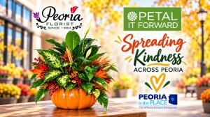 Peoria Florist celebrates Petal It Forward with a festive pumpkin planter and “Spreading Kindness Across Peoria” message, in partnership with City of Peoria Economic Development.