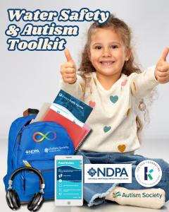 Child giving a thumbs up with an image of The Water Safety & Autism Toolkit