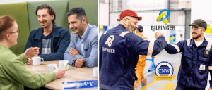Collage showing colleagues laughing over coffee beside Bilfinger workers greeting each other at an industrial facility.