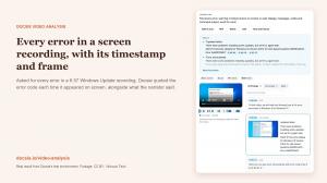 Docsie Video Analysis result listing every Windows Update error in a screen recording with timestamps and frames