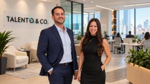 Photo illustration of Juan Gaitan and Andrea Rodriguez in a Talento & Co. branded office.