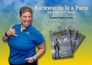 woman giving thumbs up and launch date of new book pic of 3 books on yellow and blue background
