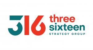 New 316 Strategy Group logo: bold teal and red-orange 316 numerals with cutaways beside the words three sixteen Strategy Group