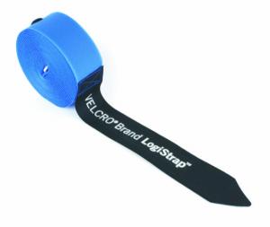 A coiled blue Velcro strap with a black tapered end, labeled VELCRO Brand LogiStrap in white text on the black section, displayed on a white background.