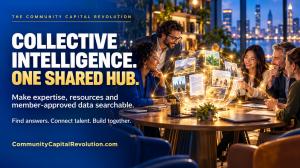 Community members collaborate around an illuminated knowledge sphere beneath the headline Collective Intelligence. One Shared Hub.