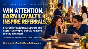 Professionals help and introduce one another in a royal blue and gold banner reading Win Attention. Earn Loyalty. Inspire Referrals.
