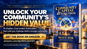 The Community Capital Revolution book cover beside the headline Unlock Your Community’s Hidden Value and a Get the Book on Amazon call to action.