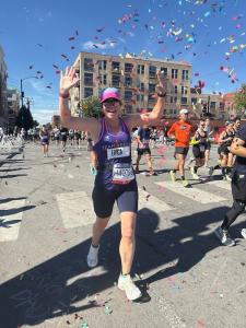 Erica Bazerkanian running the 2025 Chicago Marathon for Team Reeve on October 12, 2025, the day Bold&Zeal launched.