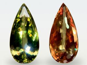 The 36.69-carat pear-shape zultanite in daylight (left) and incandescent light (right)