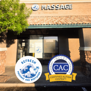 Massage clinic storefront with “Massage” sign, Refresh Massage and Bodywork logo, and Certified Autism Center certification emblem.