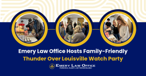 Emery Law Office guests gathering with press release title, ‘Emery Law Office Hosts Family-Friendly Thunder Over Louisville Watch Party’.