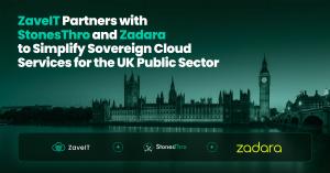ZaveIT, StonesThro and Zadara logos beneath the Houses of Parliament and Big Ben, with the headline "ZaveIT Partners with StonesThro and Zadara to Simplify Sovereign Cloud Services for the UK Public Sector".