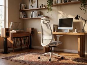 White OTTUNI Arix ergonomic office chair beside a desk in a modern home workspace.