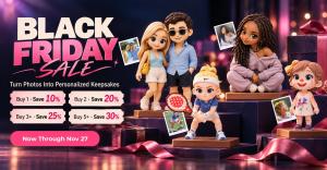 Black Friday sale banner with custom 3D printed figurines made from photos, each shown beside its original snapshot, with tiered savings up to 30%