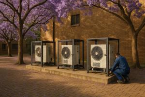 Three aircon outdoor units in bolted steel security cages under flowering jacaranda trees at an office park in Pretoria East