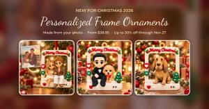 Three personalized Christmas frame ornaments with custom 3D printed mini figures of a couple, a man with his dog and a bloodhound, made from photos