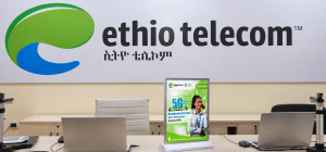 Ethio Telecom branded service counter featuring a custom illuminated display produced for a commercial signage project by LC Sign.