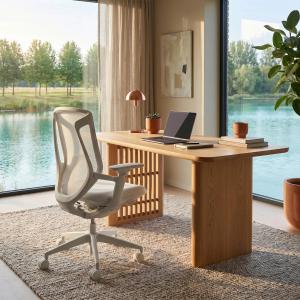 White VATALLA BIRCH ergonomic chair beside a wooden desk in a sunlit home office.