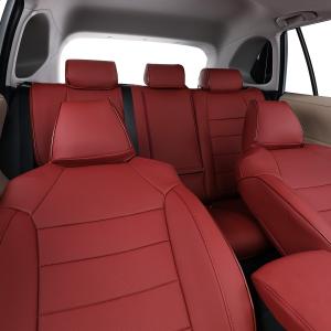 Red custom-fitted seat covers displayed on front and rear vehicle seats.