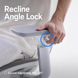 Close-up of a hand operating the recline angle-lock control beneath the grey armrest of a VATALLA BIRCH chair, with a blue circle highlighting the control.