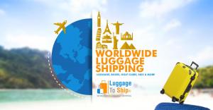 LuggageToShip global travel graphic featuring luggage, international destinations and technology-enabled shipping.