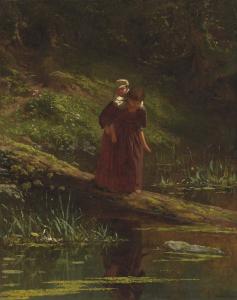 Oil on canvas on board by Eastman Johnson (American, 1824-1906), titled Crossing a Stream (Pig-a-Back) (1866), signed and dated, 21¼in x 17in. Estimate: $80,000-$120,000