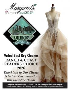 Margaret’s the Couture Cleaner celebrates being voted Best Dry Cleaner in the Ranch & Coast Readers’ Choice Awards 2026, recognizing excellence in luxury garment care, couture cleaning, and specialized textile preservation throughout Southern California.