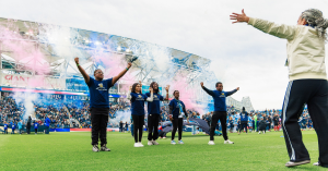 Pennsylvania School for the Deaf students perform the National Anthem in American Sign Language on the Subaru Park field.