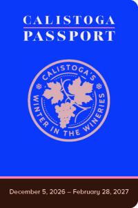 Cover of the 2026–2027 Calistoga Winter in the Wineries Passport, featuring a bright blue background, pink lettering and a circular grapevine emblem. Valid December 5, 2026, through February 28, 2027.