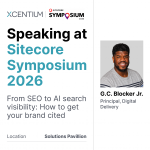 Speaker card announcing G.C. Blocker Jr.’s session on SEO and AI search visibility in the Solutions Pavilion at Sitecore Symposium 2026.