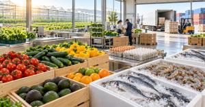 Fresh produce, fish, shrimp and eggs in a packing facility, with greenhouses and export logistics in the background.