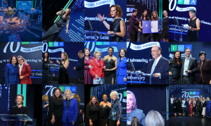 Collage of 15 photos from the Financial Women's Association 70th Anniversary Gala, showing a decorated dinner table, speakers at a podium, honorees posing with awards, and guests gathered on stage in front of a "70 Years Forward" backdrop.