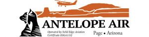 Silhouette of a bear on the left with a small plane flying over red mountains on the right. Underneath image reads: Antelope Air