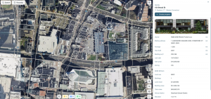 DealNav map of downtown Stamford, Connecticut, with parcel outlines and the county record panel for 150 Broad St.